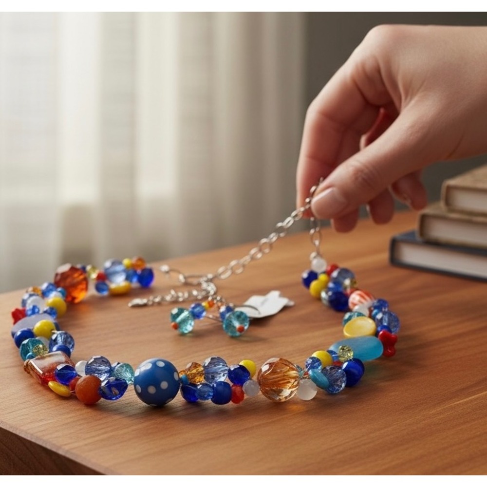 Festival Vibes Silver Leaf Gems
Artisan Multi-Strand Glass Bead
Necklace Set